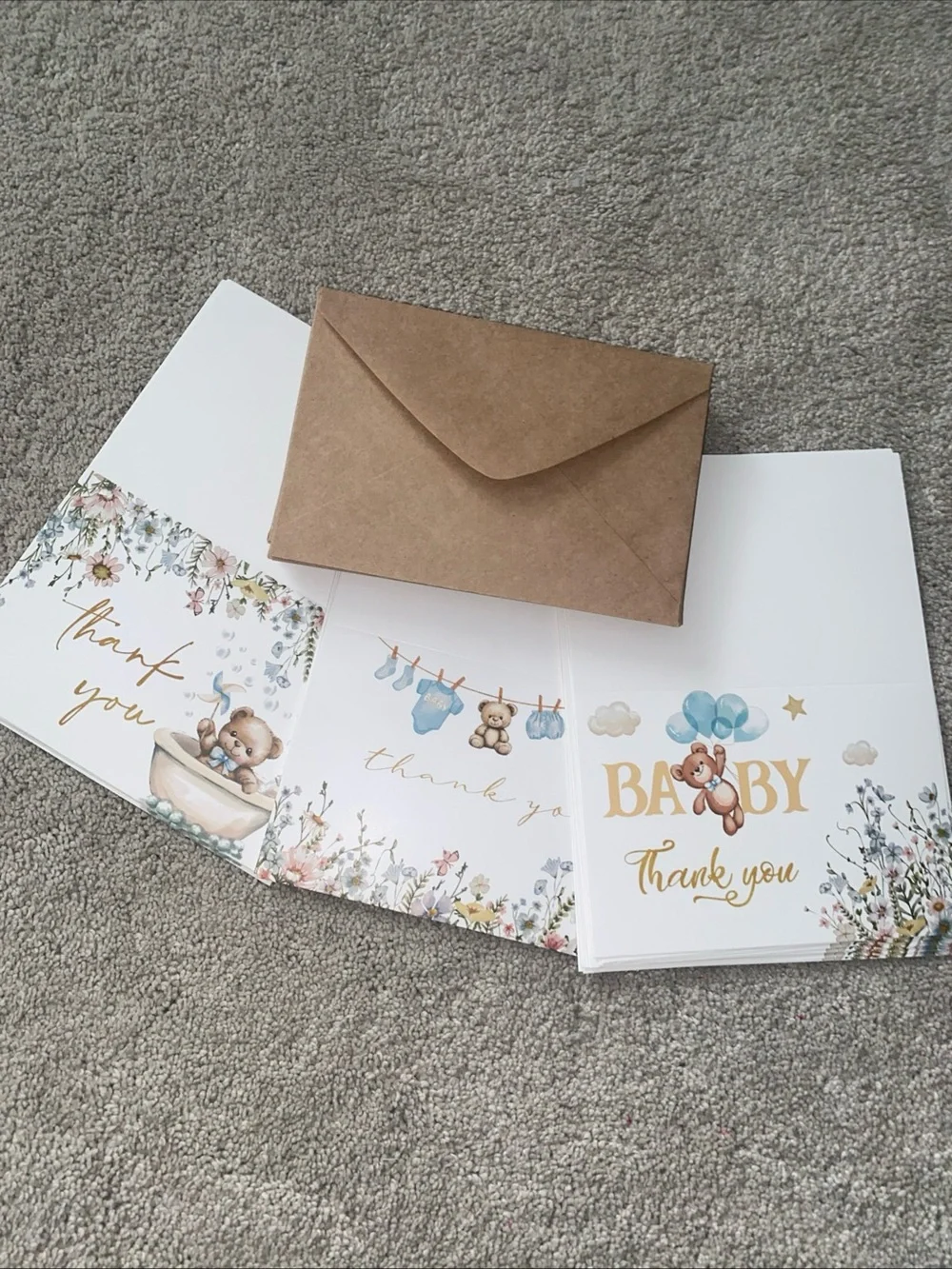 24 Baby Shower Thank You Cards With Envelopes Teddy Bears Floral Brown Blue